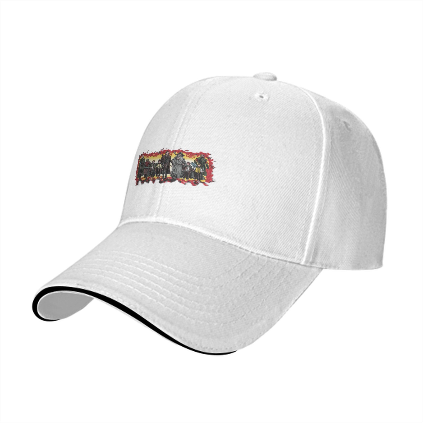 Black baseball cap with fantasy adventure group character print