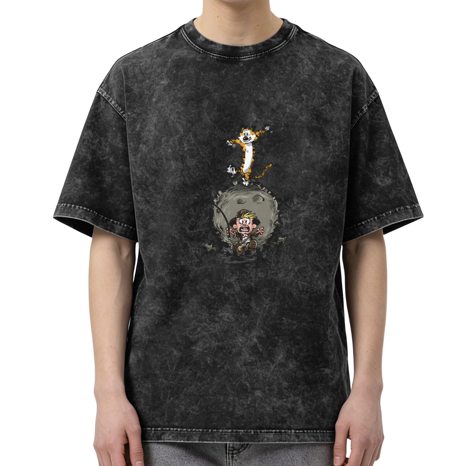 Washed black graphic t-shirt with cartoon tiger and boy design