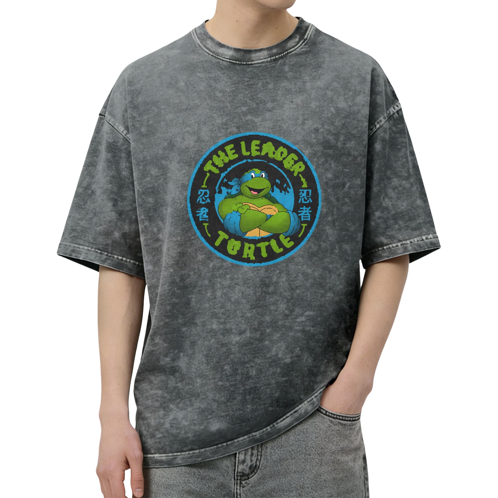 Washed black t-shirt with Teenage Mutant Ninja Turtles leader graphic