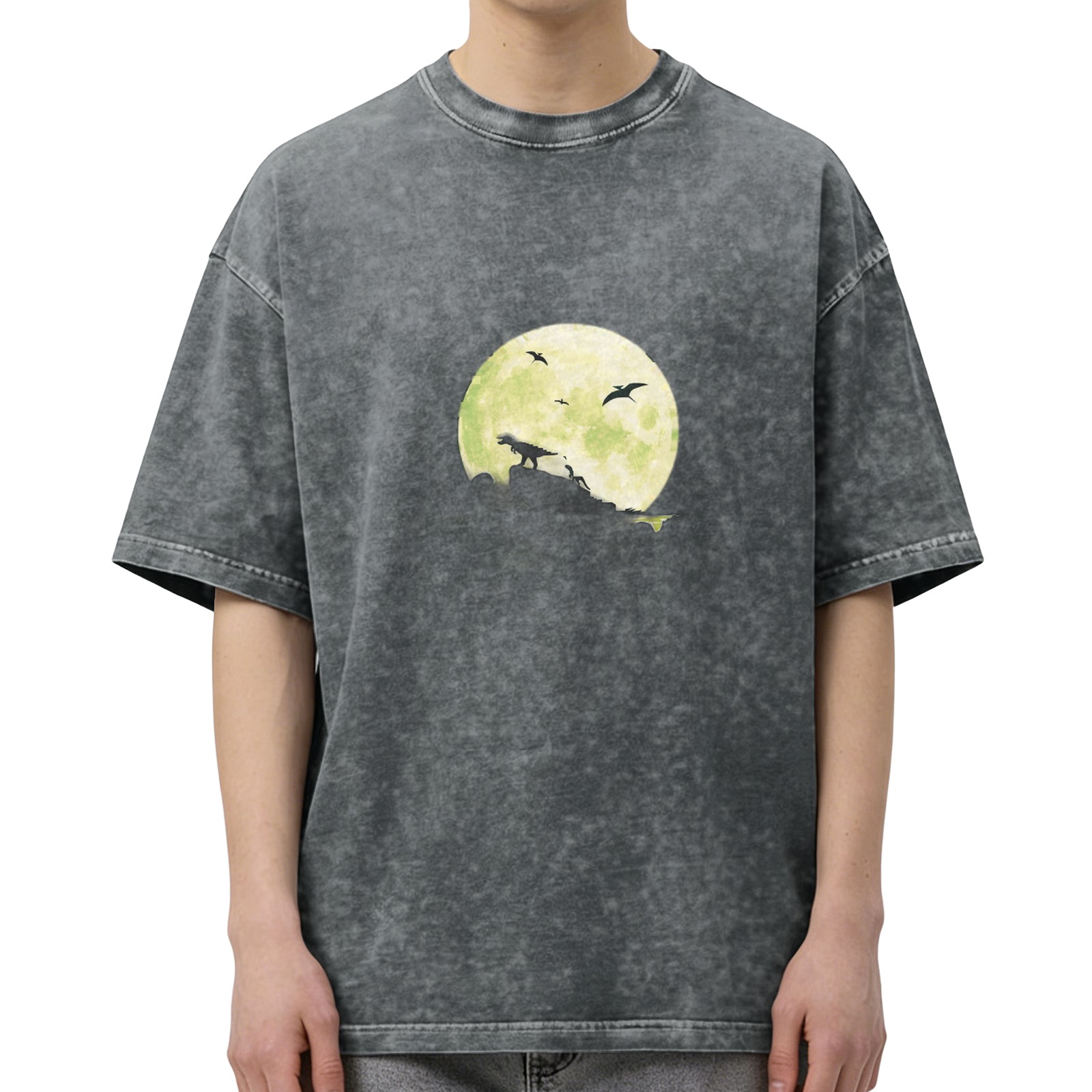 Vintage Acid Wash T-Shirt with Dinosaur Moon Silhouette Graphic