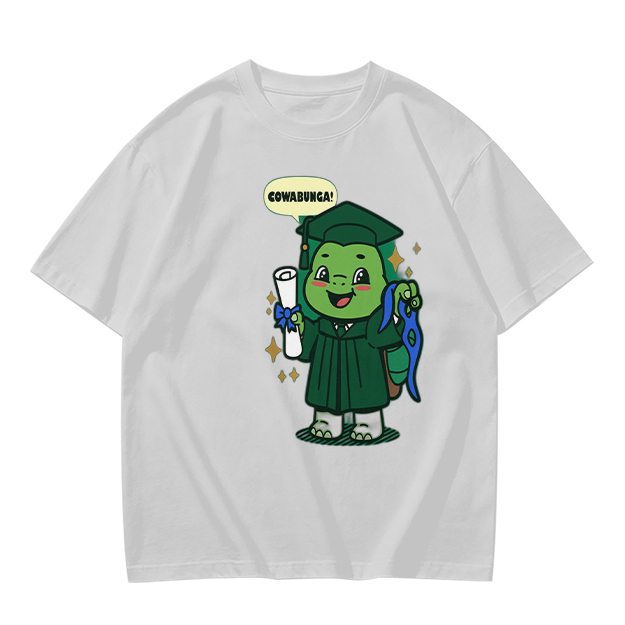 Olive T-shirt with Graduation Turtle Saying Cowabunga