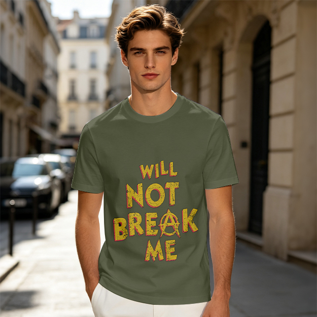 Olive graphic t-shirt with 'WILL NOT BREAK ME' anarchy print