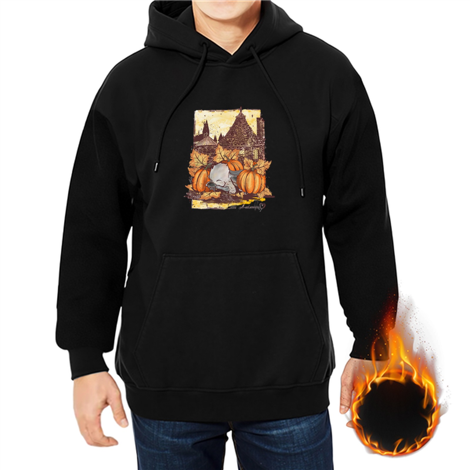 Black hoodie with autumn pumpkin and haunted house graphic