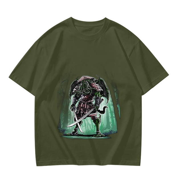 Olive T-Shirt With Samurai Cthulhu Warrior Graphic Print