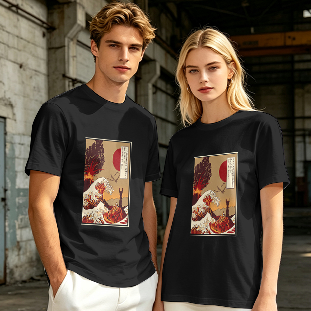 Olive T-Shirt with Ukiyo-e Style Wave and Volcano Print
