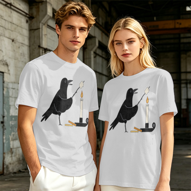 Olive T-Shirt With Crow Roasting Marshmallow Over Candle Print