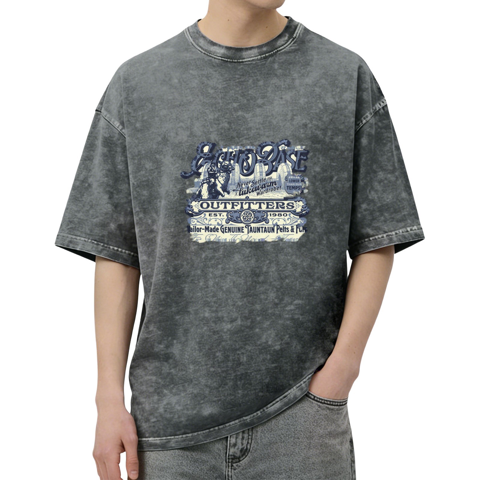 Distressed washed black round neck short-sleeved T-shirt themed printed outdoor style top