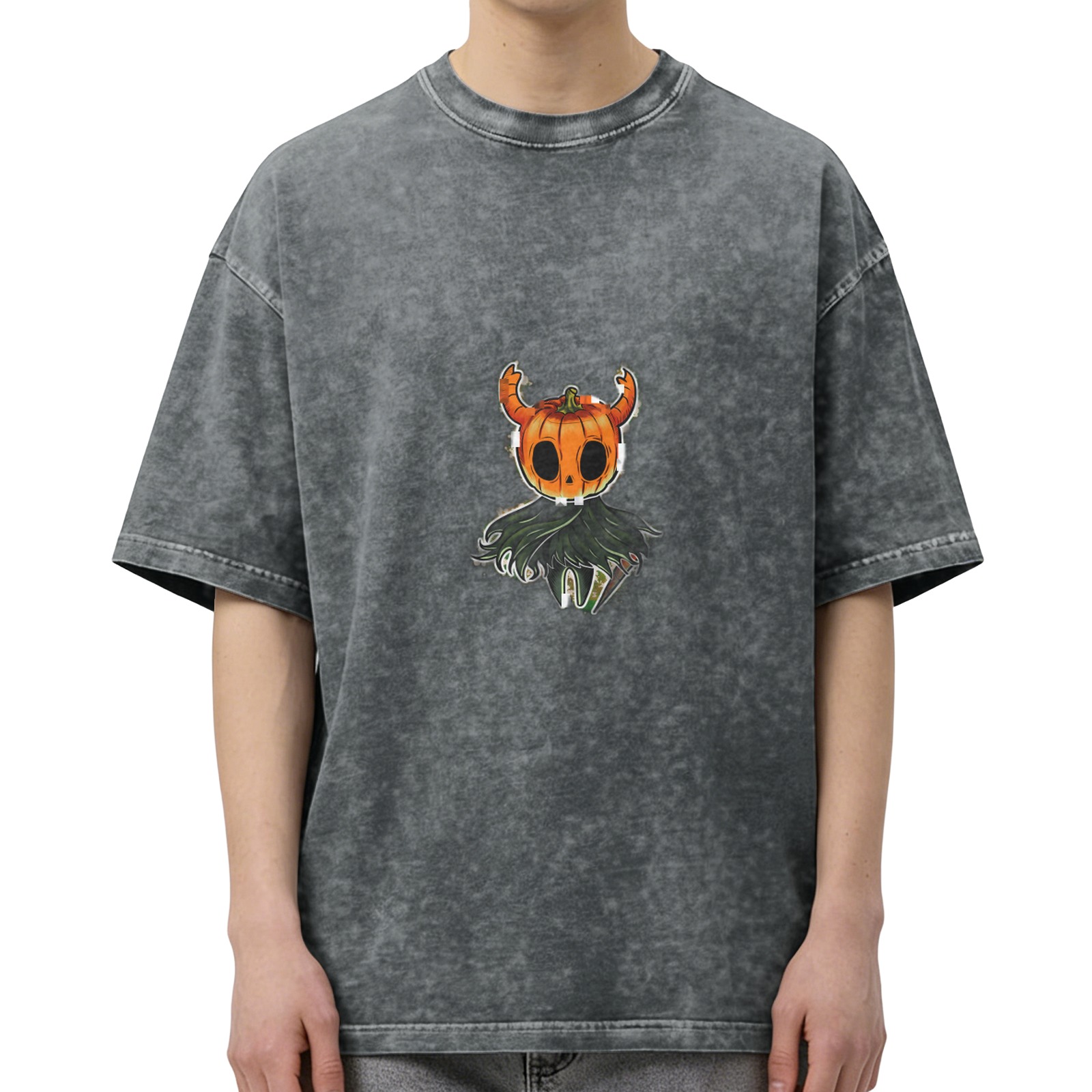 Oversized dark washed graphic t-shirt with pumpkin horned creature print