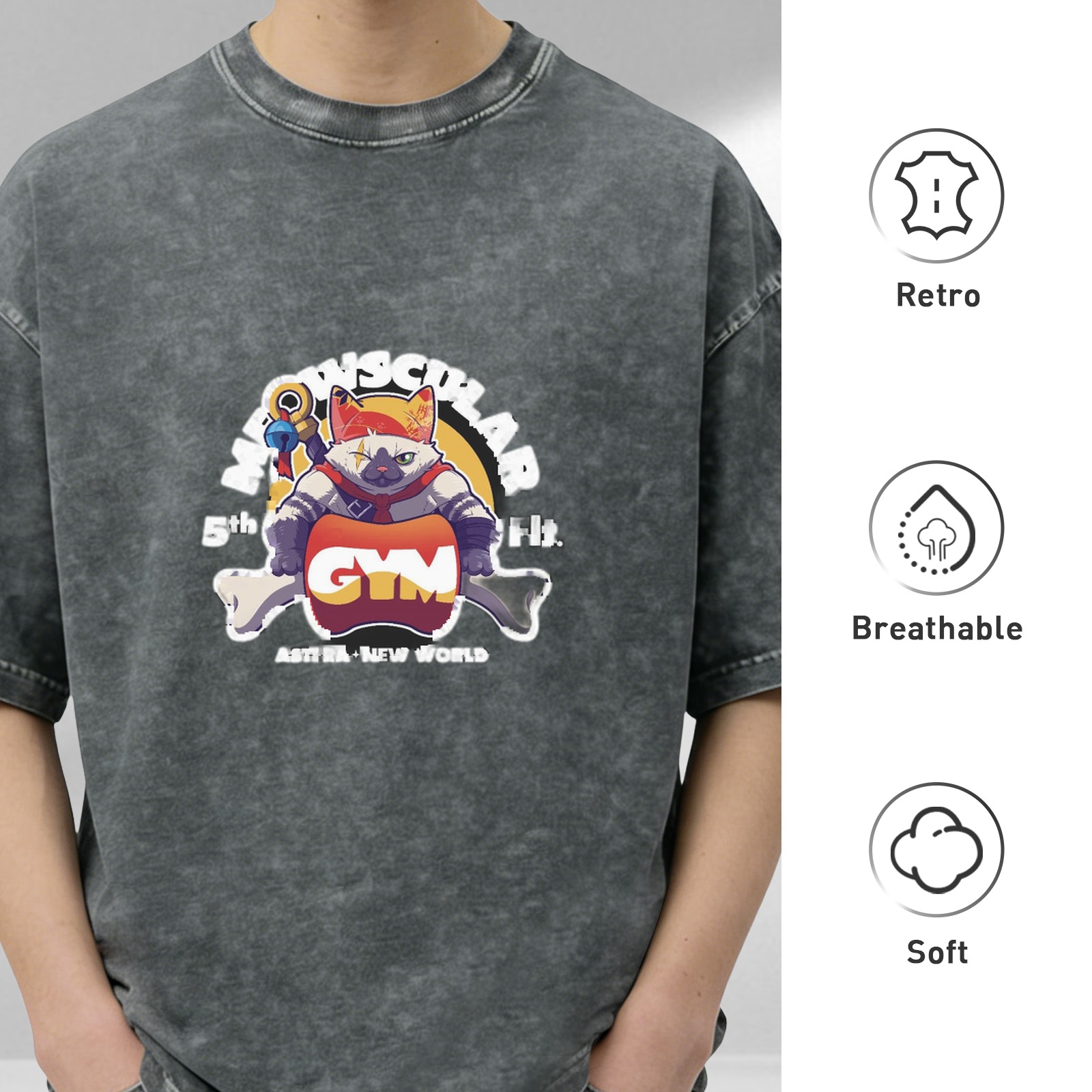 Oversized Vintage Wash T-Shirt with 'Meowscular Gym' Graphic Print