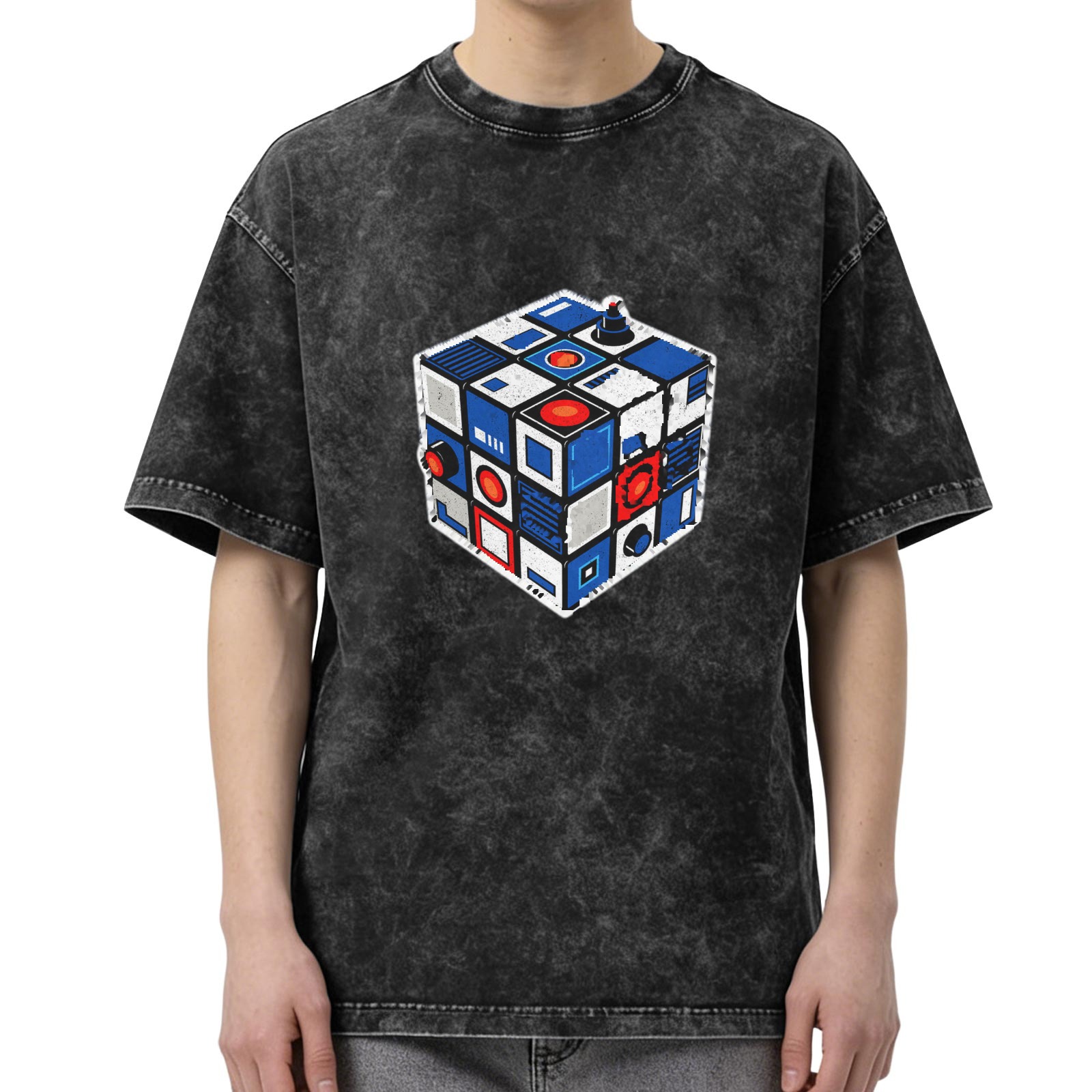 Oversized Acid Wash T-Shirt With Futuristic Rubik's Cube Graphic