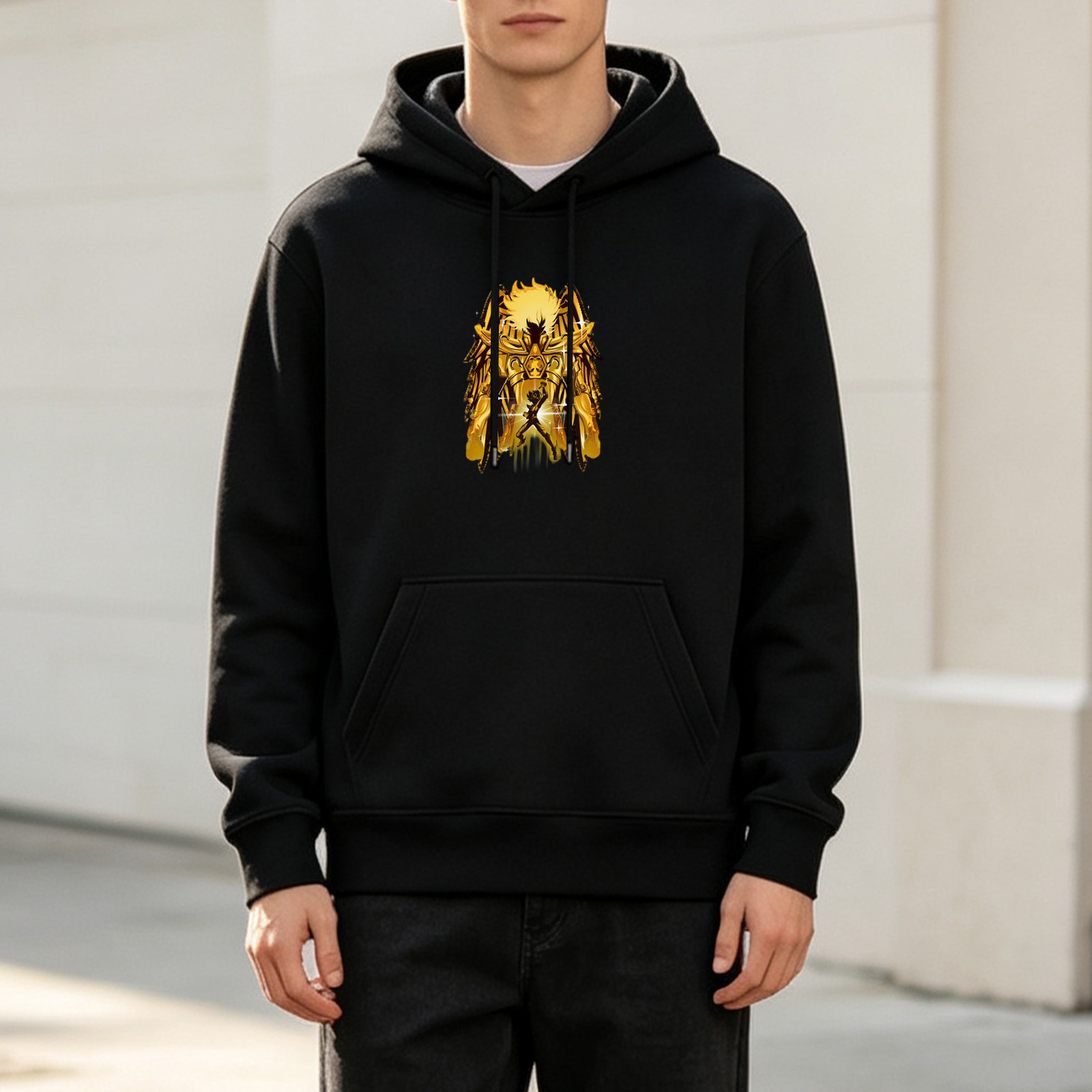 Black Hoodie With Golden Anime Warrior Art Print