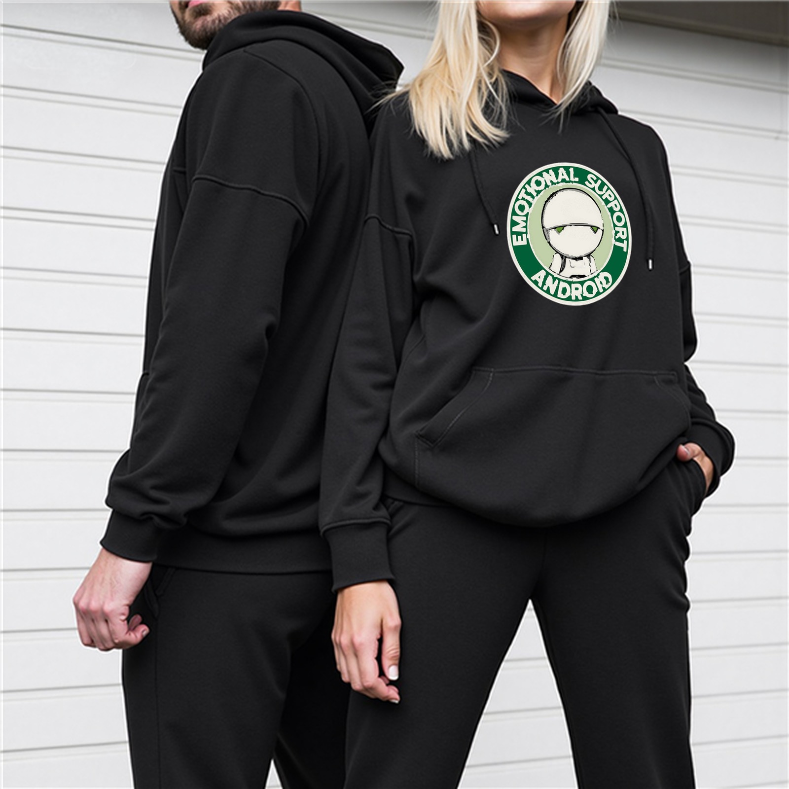 Black hoodie with Emotional Support Android Marvin graphic