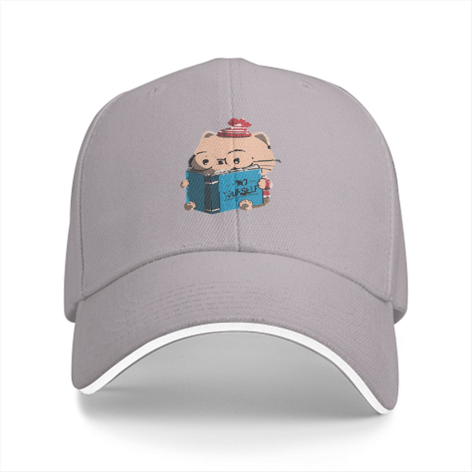 Black Baseball Cap With Cute Reading Cat Graphic