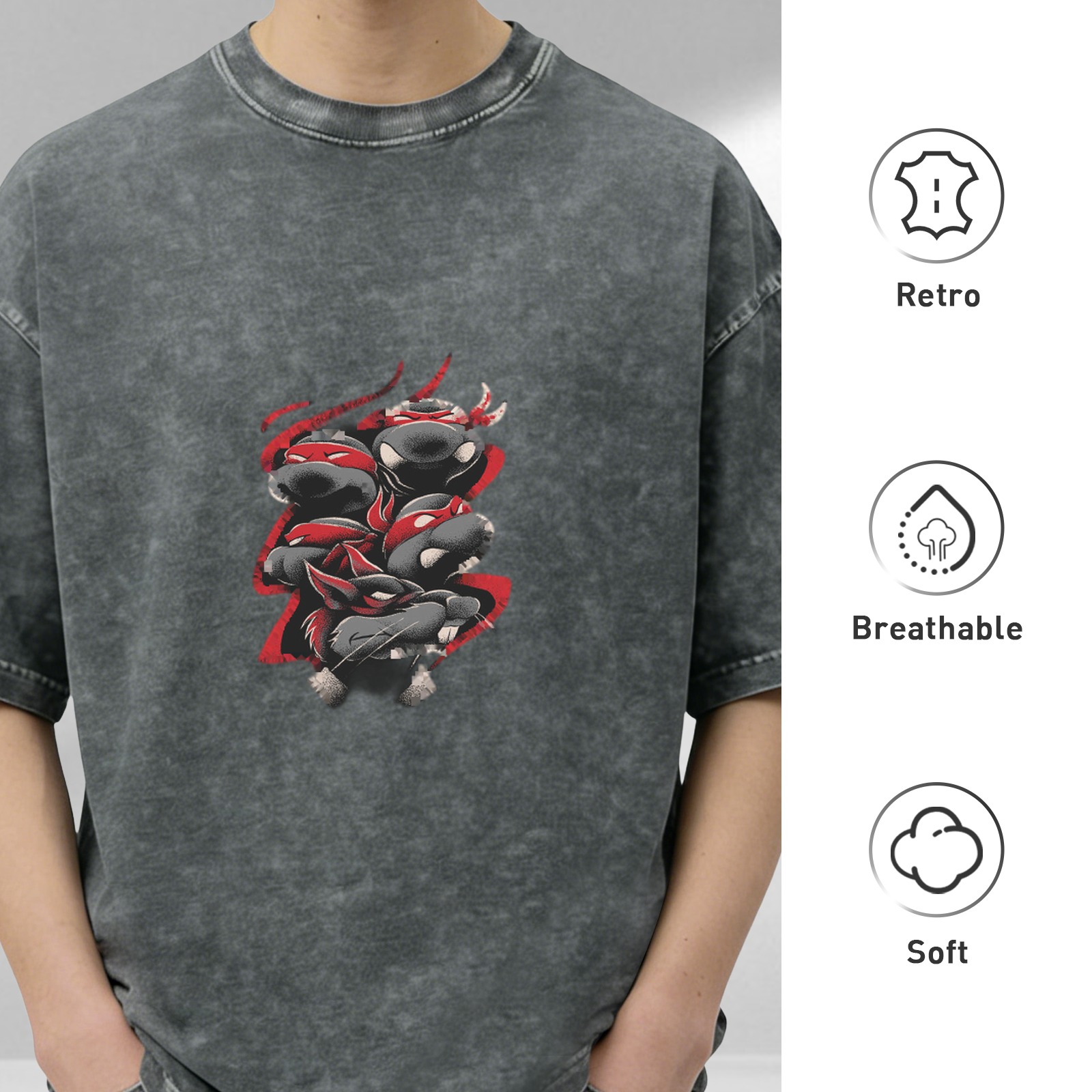 Washed Black T-Shirt With Ninja Turtle Graphic Print