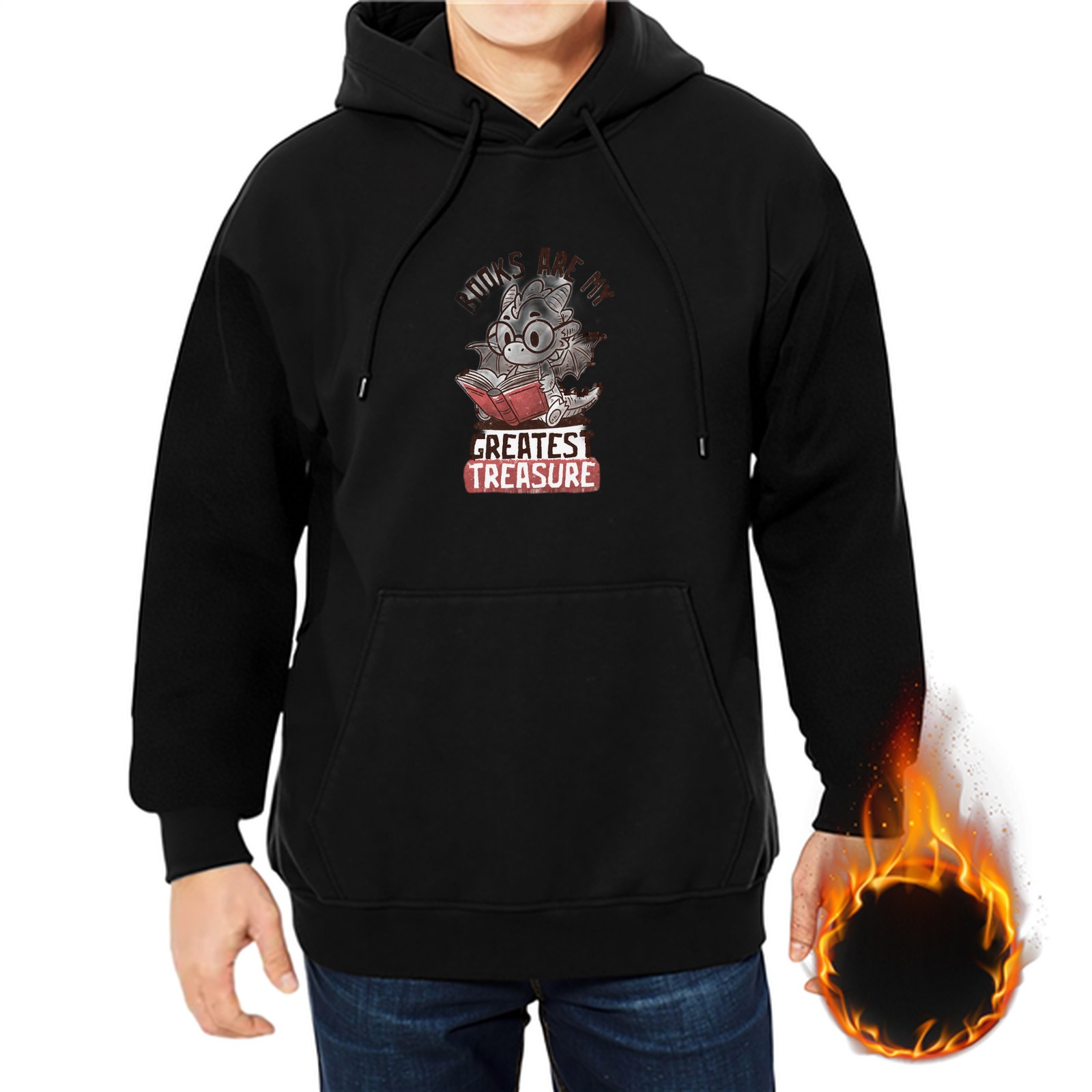 Black hoodie with a cute dragon reading a book and 'Greatest Treasure' text