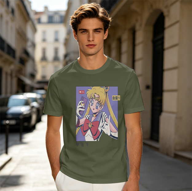 Olive T-shirt with Sailor Moon Selfie Anime Print