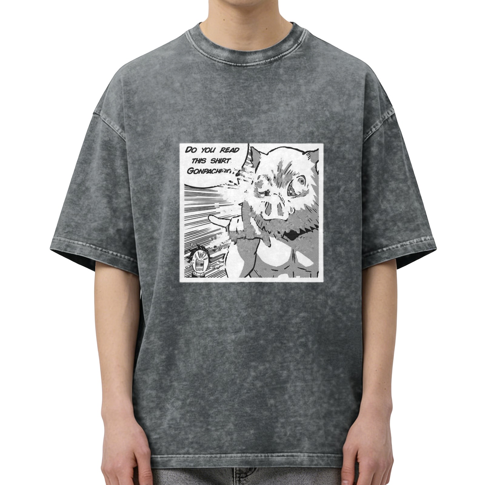oversized acid wash manga panel t-shirt with do you read this shirt gonpachiro print