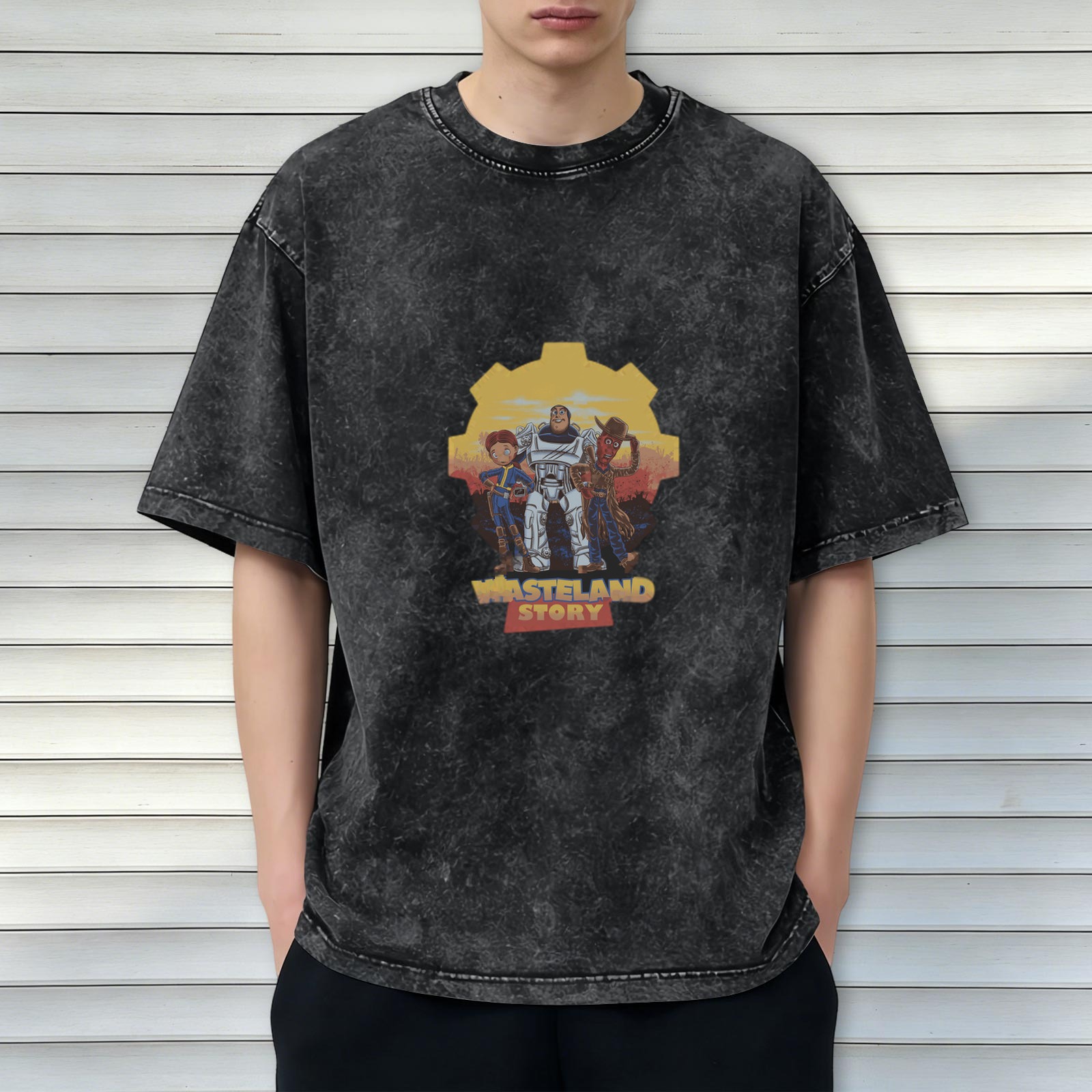 Wasteland Story theme distressed printed short-sleeved T-shirt, washed black loose style