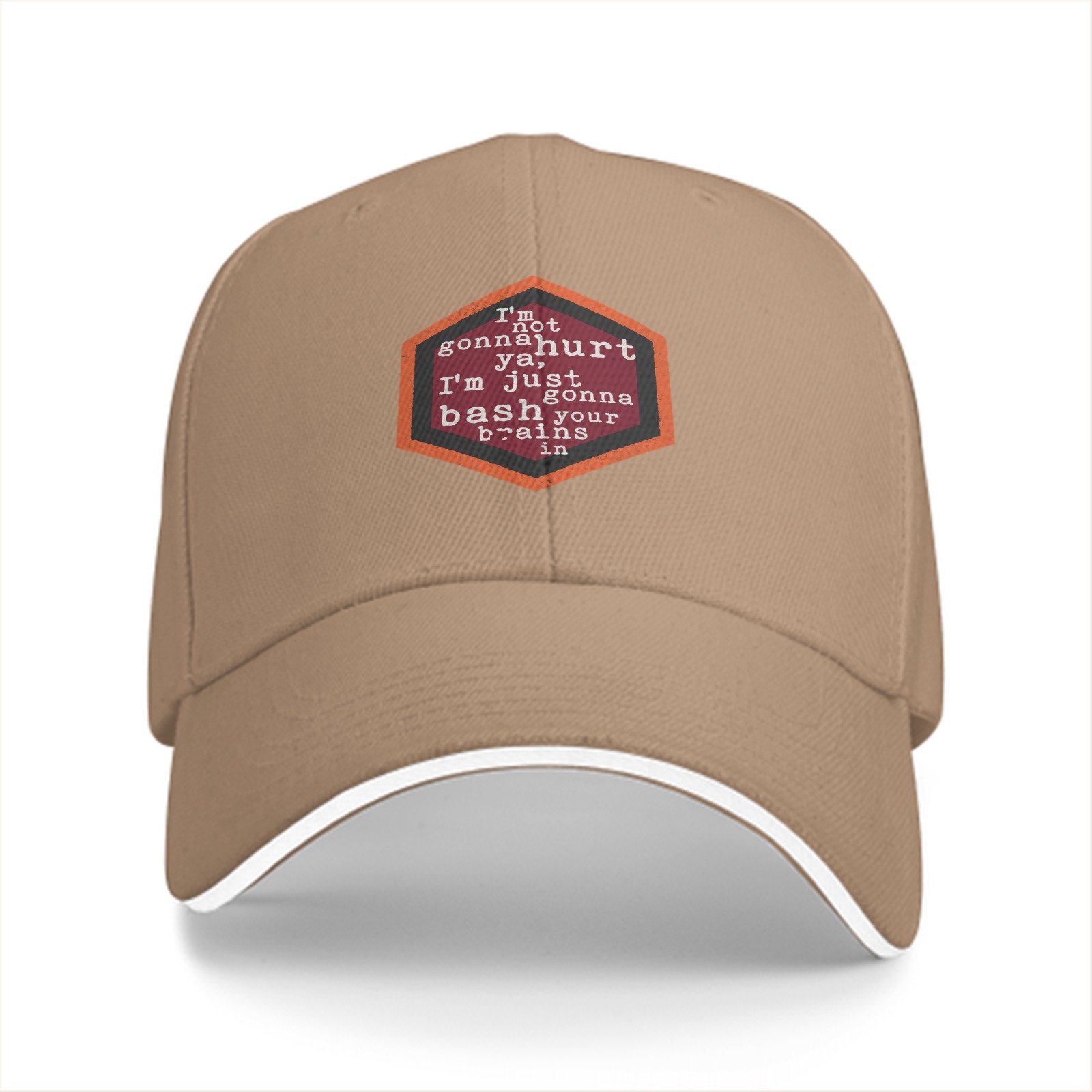 Black baseball cap with humorous hexagon text graphic