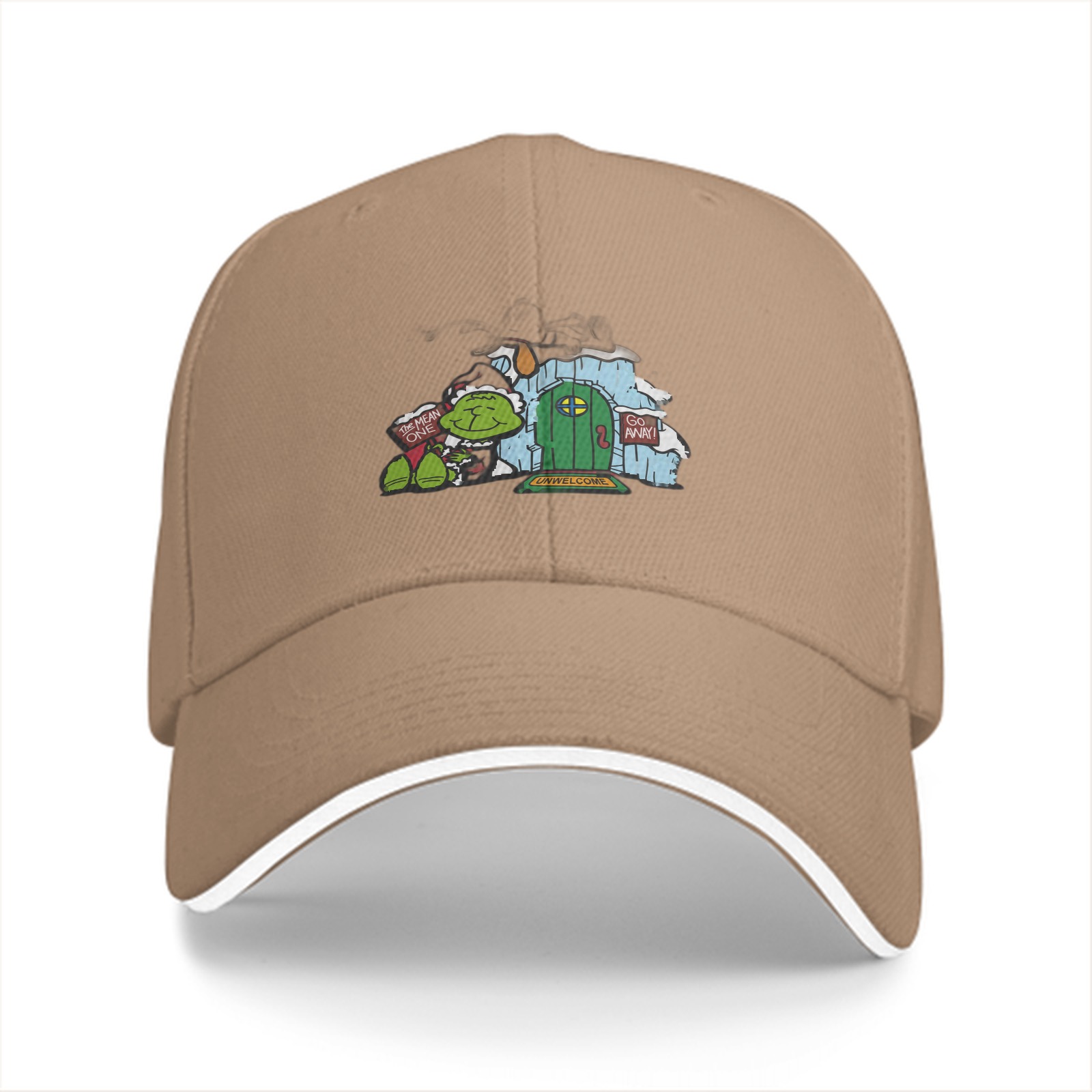 Black baseball cap with Grinch-themed holiday door print
