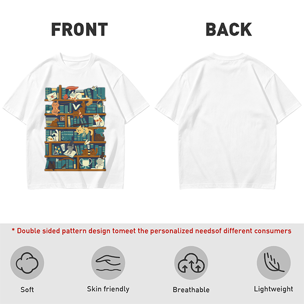 Olive t-shirt with playful cats on a bookshelf graphic