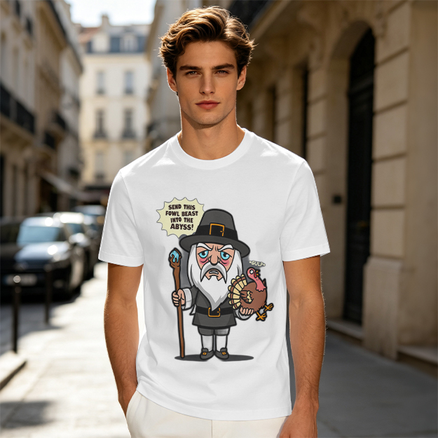 Wizard Pilgrim Holding Turkey Funny Thanksgiving T-Shirt Design
