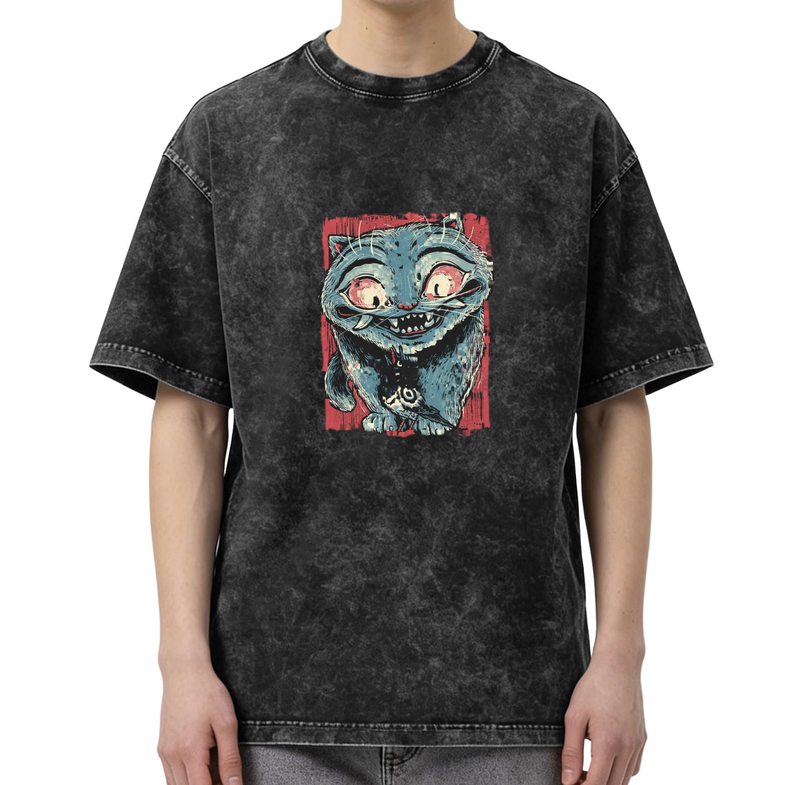 Oversized Acid Wash T-Shirt With Creepy Blue Cat Graphic