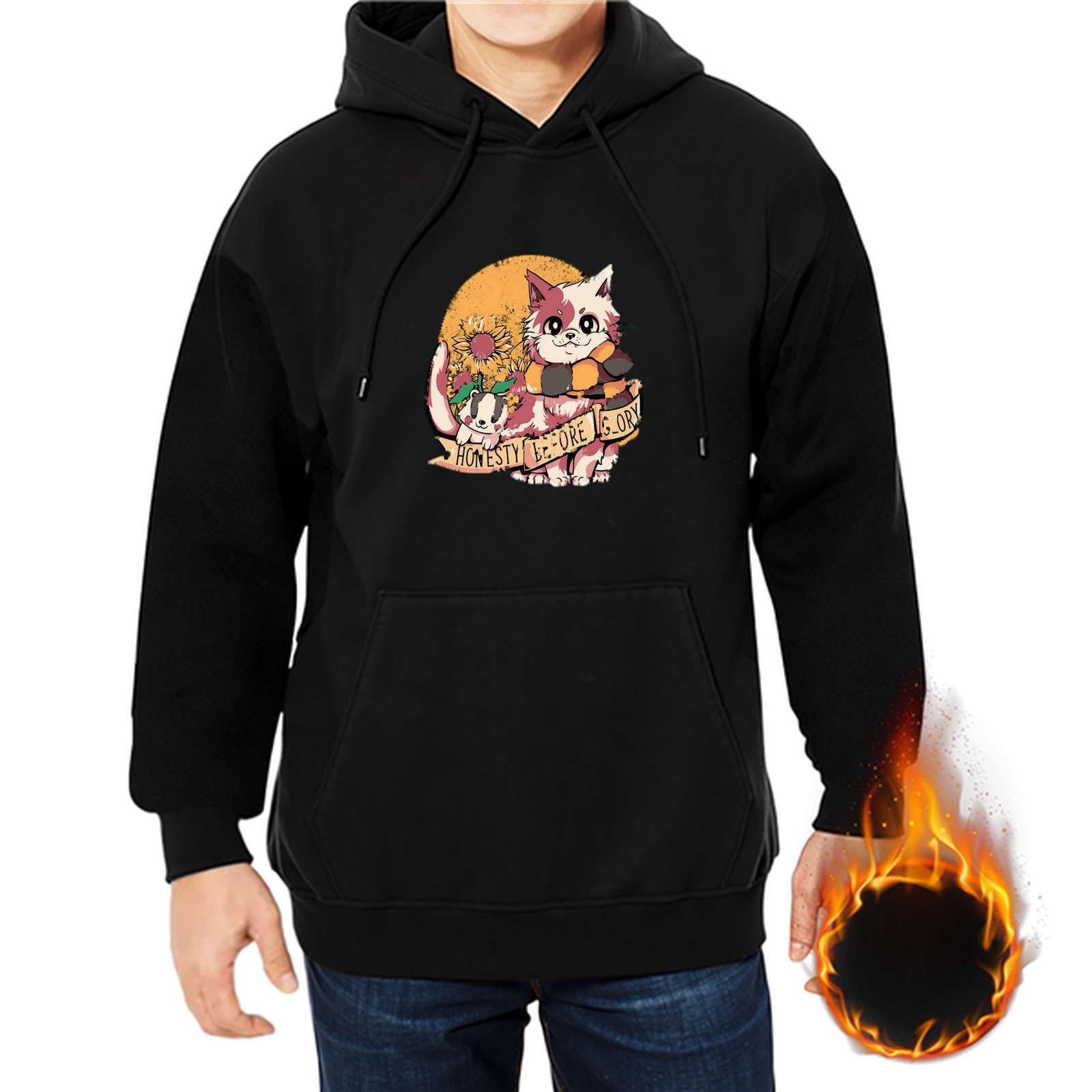 Black hoodie with cute cat graphic and honesty banner print