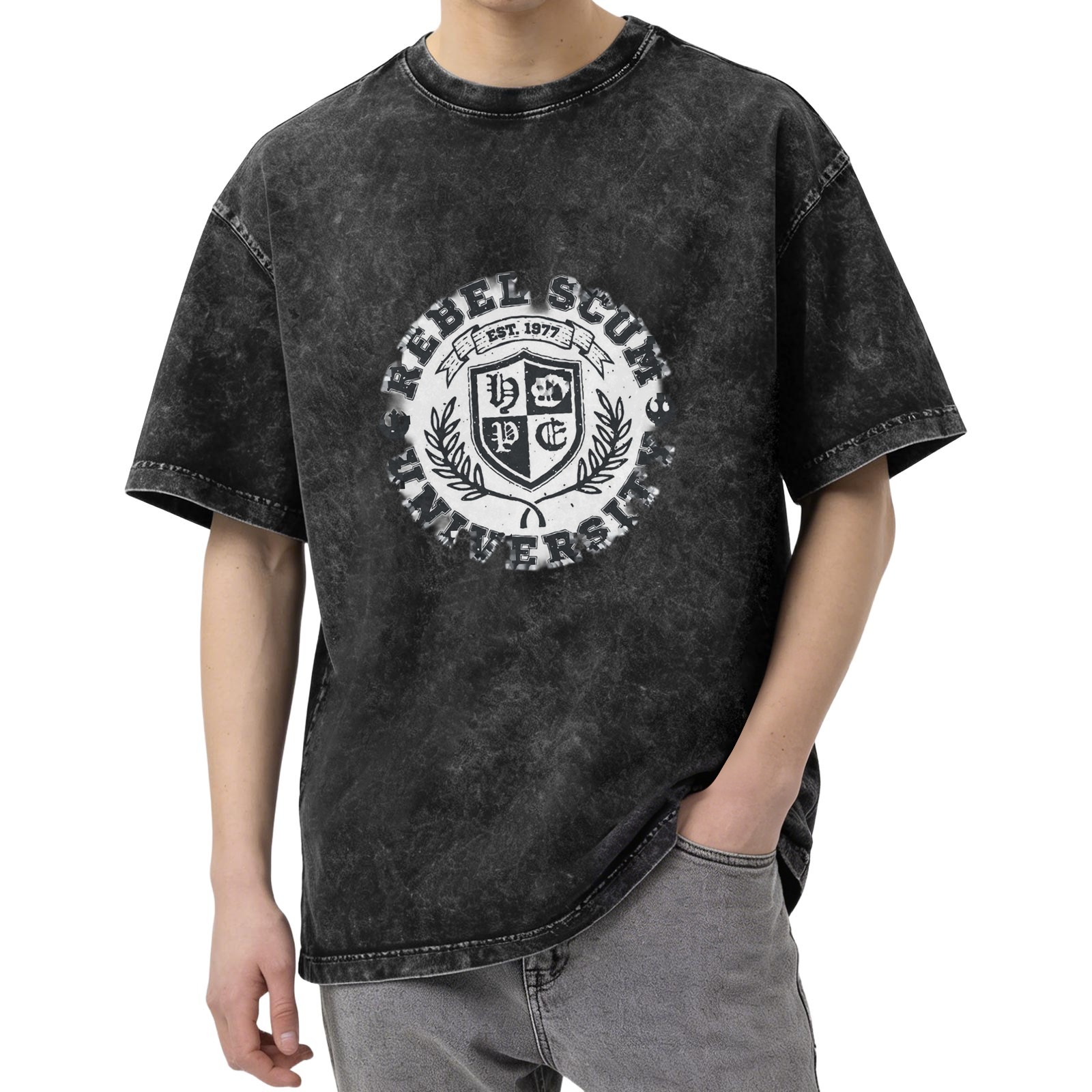 Washed Black Graphic T-Shirt With Rebel Scum University Crest Design
