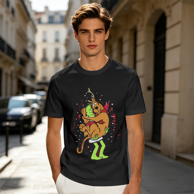 Olive Christmas T-Shirt Featuring Scooby-Doo Hugging The Grinch