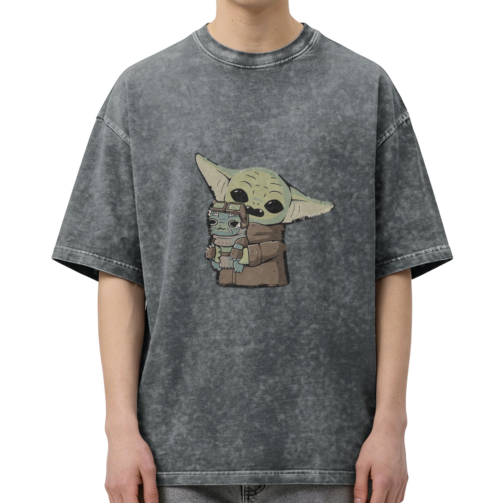Washed black graphic t-shirt featuring Baby Yoda holding a small alien character