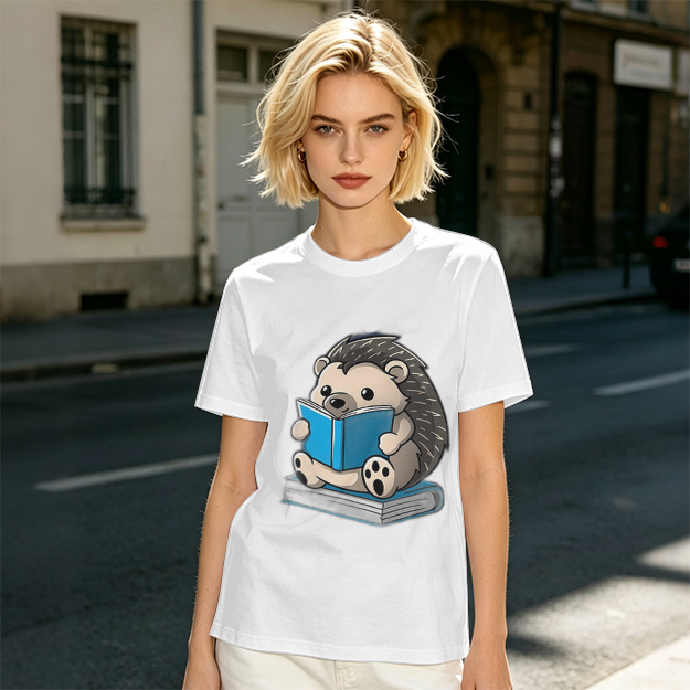 Olive T-shirt with Cute Hedgehog Reading a Book Graphic