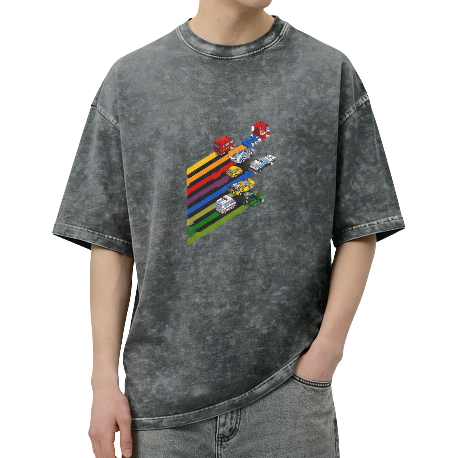 Washed black graphic t-shirt with retro vehicle rainbow stripes design