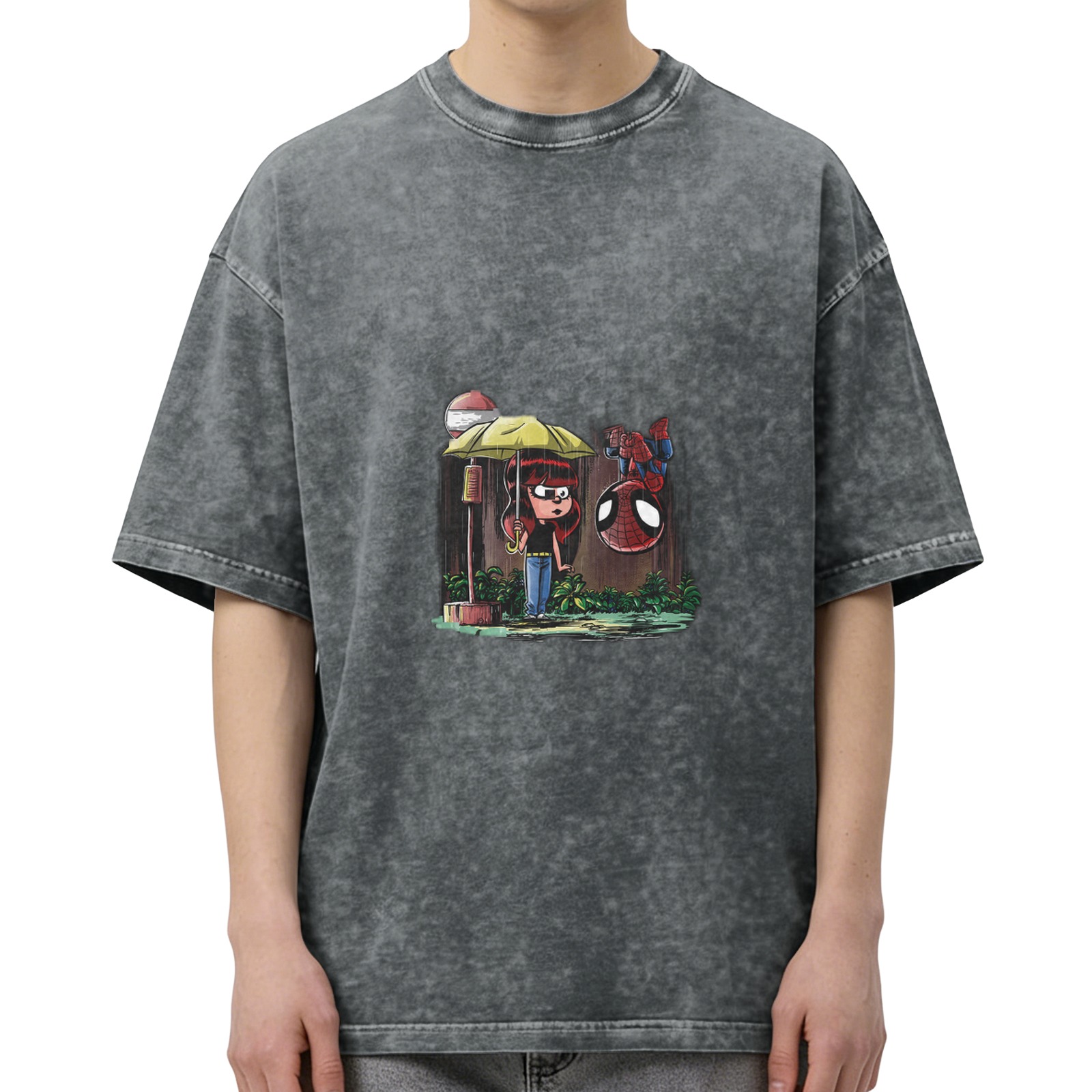 Washed black oversized t-shirt with Spider-Man and girl umbrella graphic
