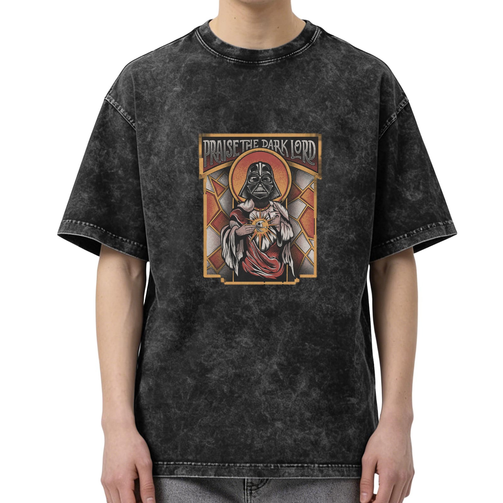 Washed Black T-Shirt with Praise the Dark Lord Darth Vader Graphic