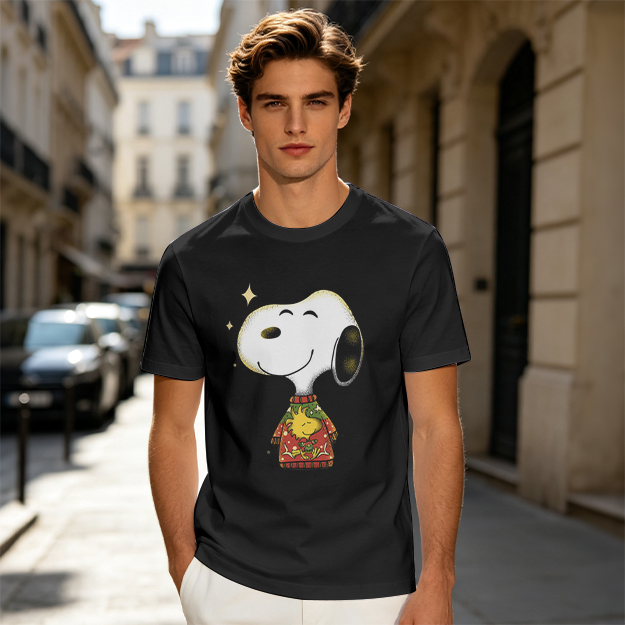 Olive T-shirt with Snoopy in Christmas Sweater Graphic