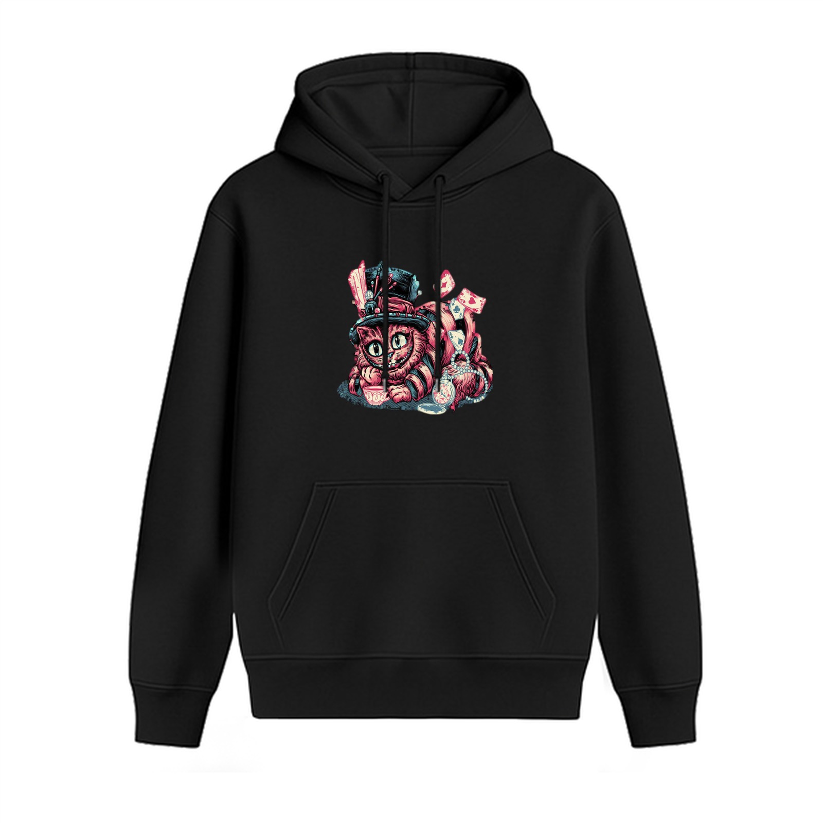 Black hoodie with Cheshire cat magician graphic print