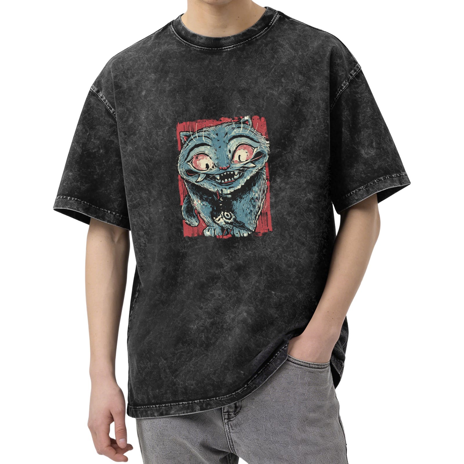 Oversized Acid Wash T-Shirt With Creepy Blue Cat Graphic