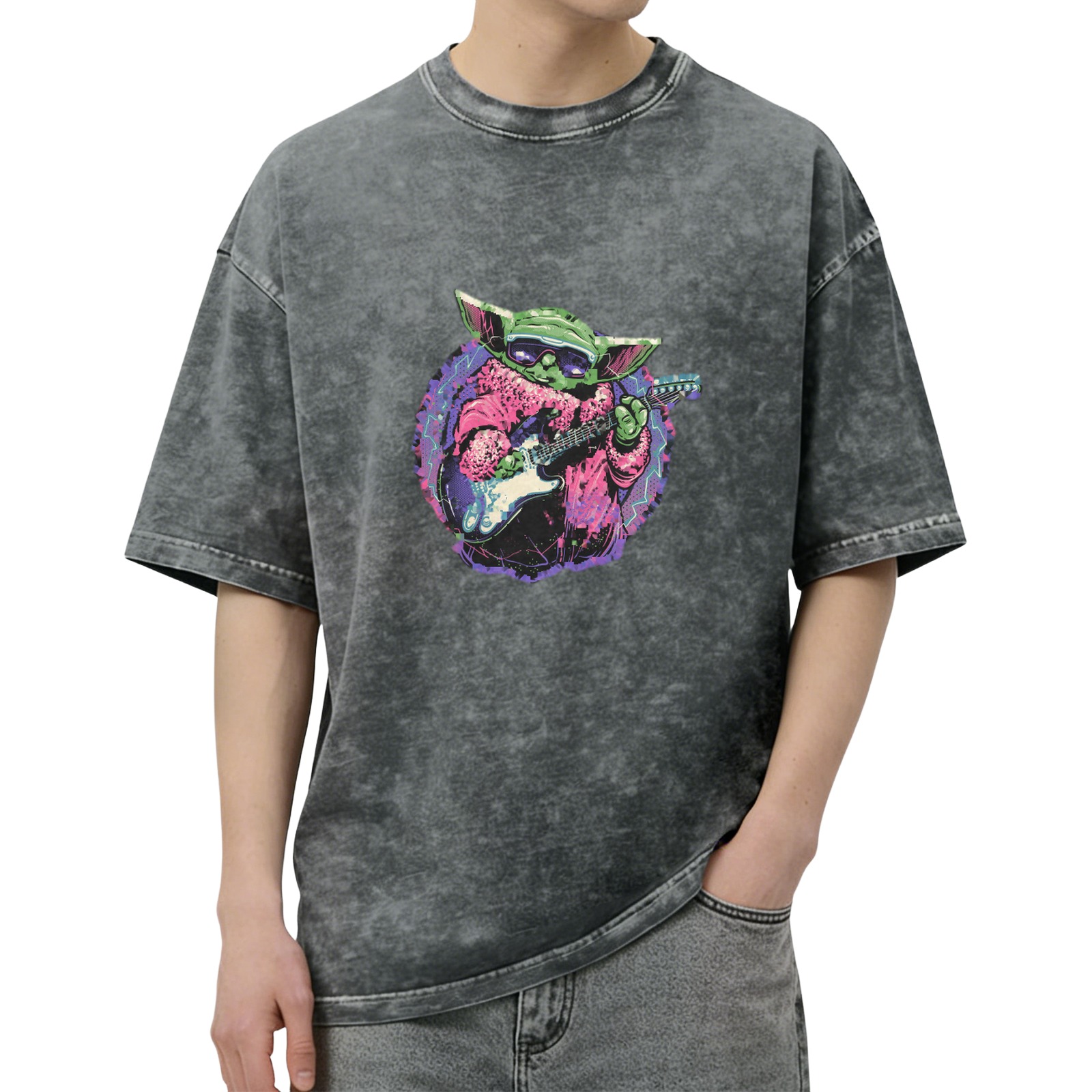 Oversized Acid Wash T-Shirt With Cool Grogu Playing Electric Guitar