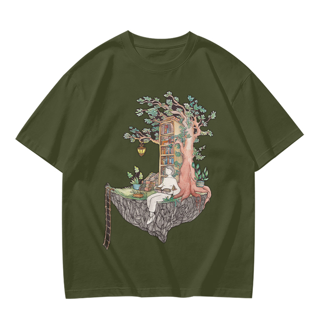 Olive t-shirt with whimsical floating treehouse reading scene print