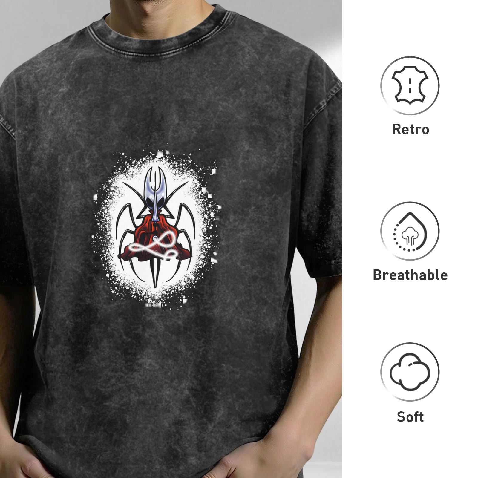 Oversized Acid Wash T-Shirt With Spider-Inspired Graphic Print