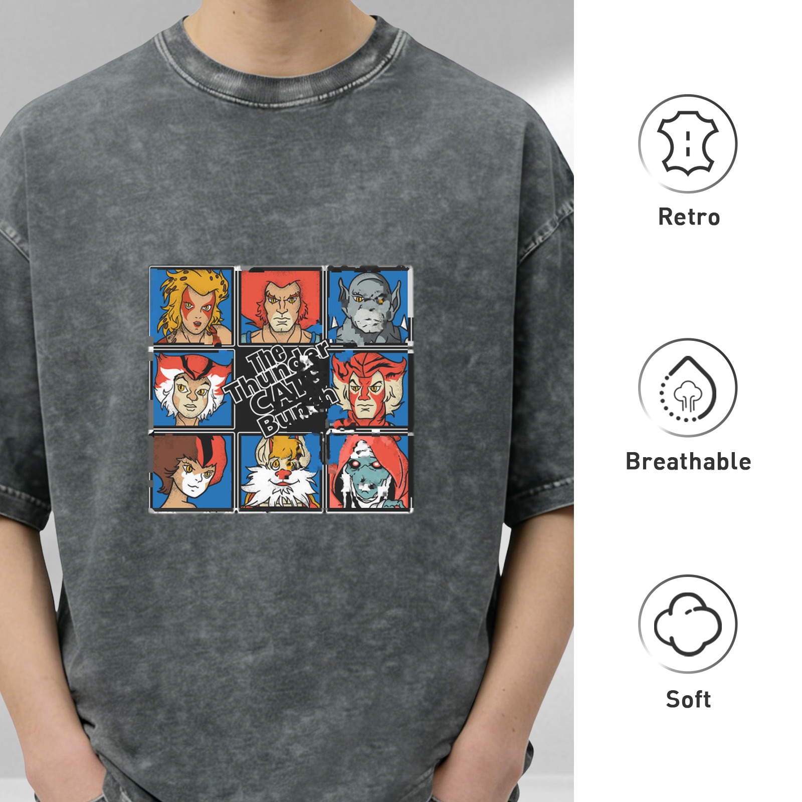 Vintage Acid Wash T-Shirt with Thundercats Bunch Character Grid Graphic