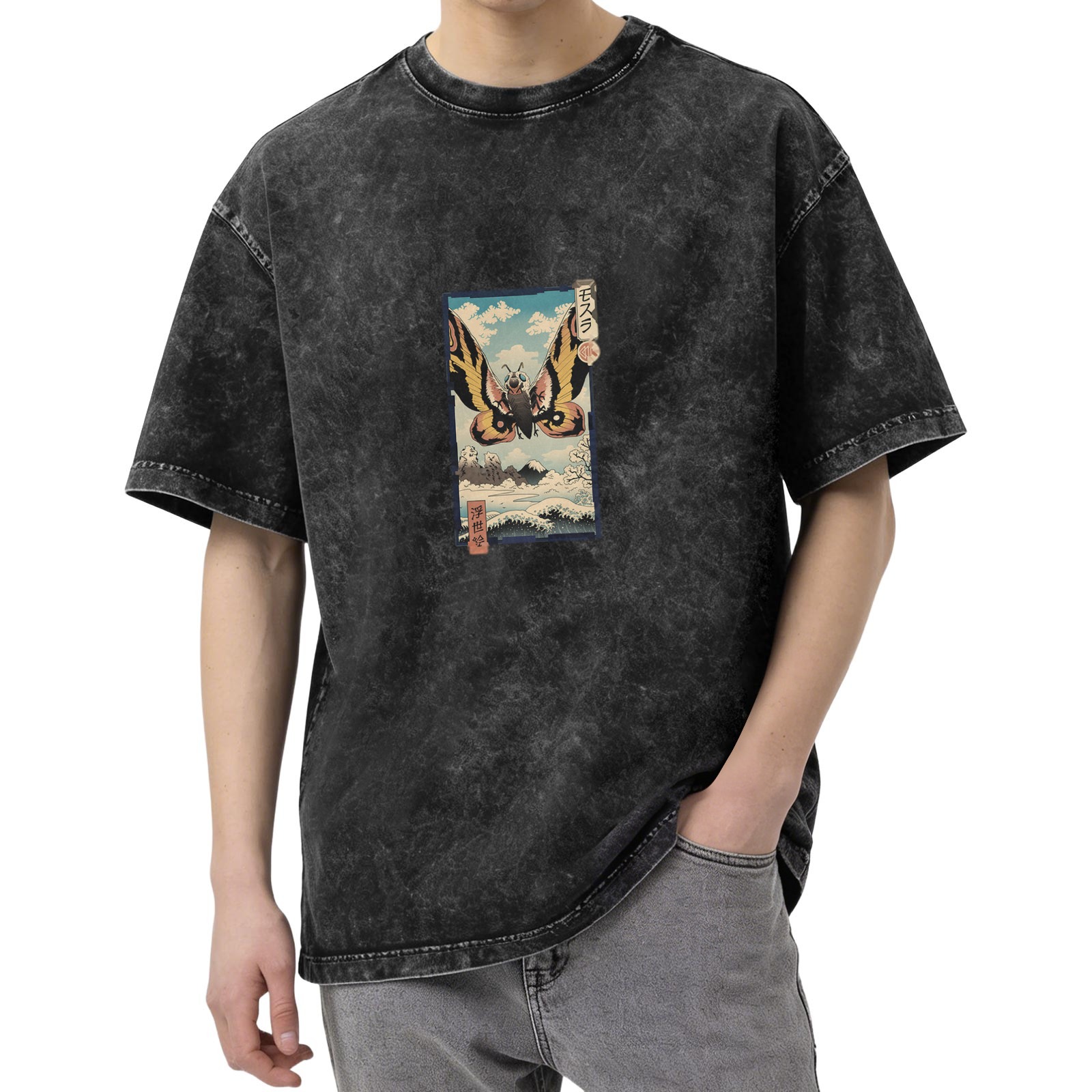 Vintage Washed Black T-Shirt with Japanese Ukiyo-e Style Moth Print
