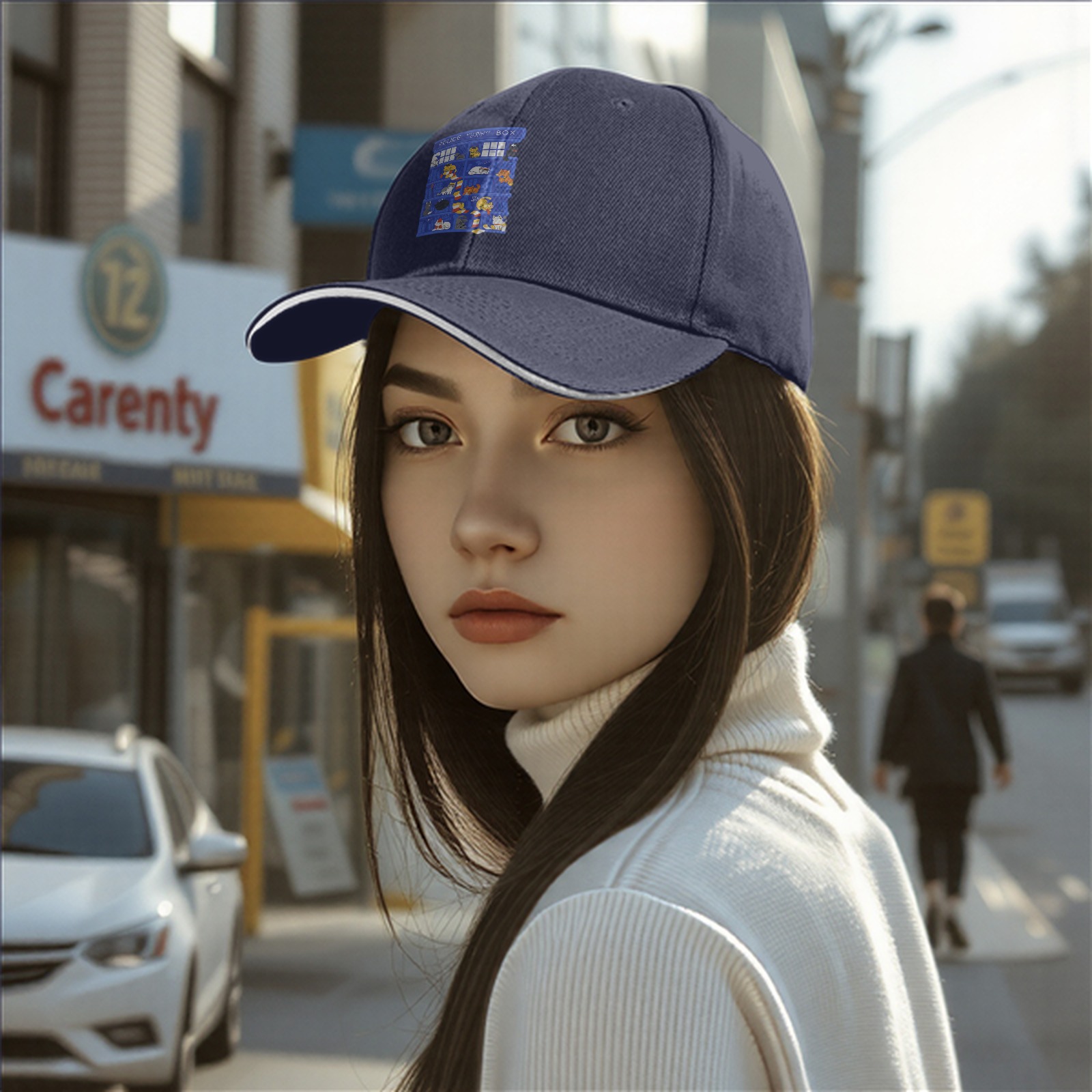 Black Baseball Cap with TARDIS Police Box Cat Print