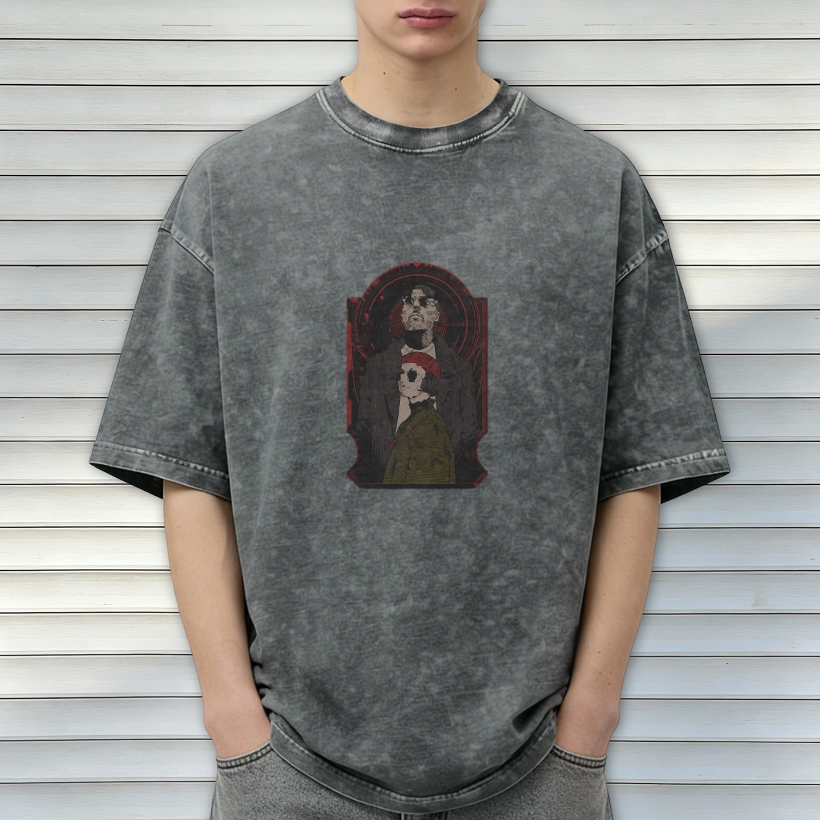 Distressed washed black loose short-sleeved T-shirt This killer is not too cold theme print