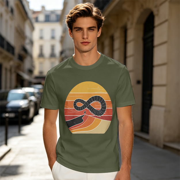 Olive T-Shirt With Retro Sunset Infinity Worm Graphic