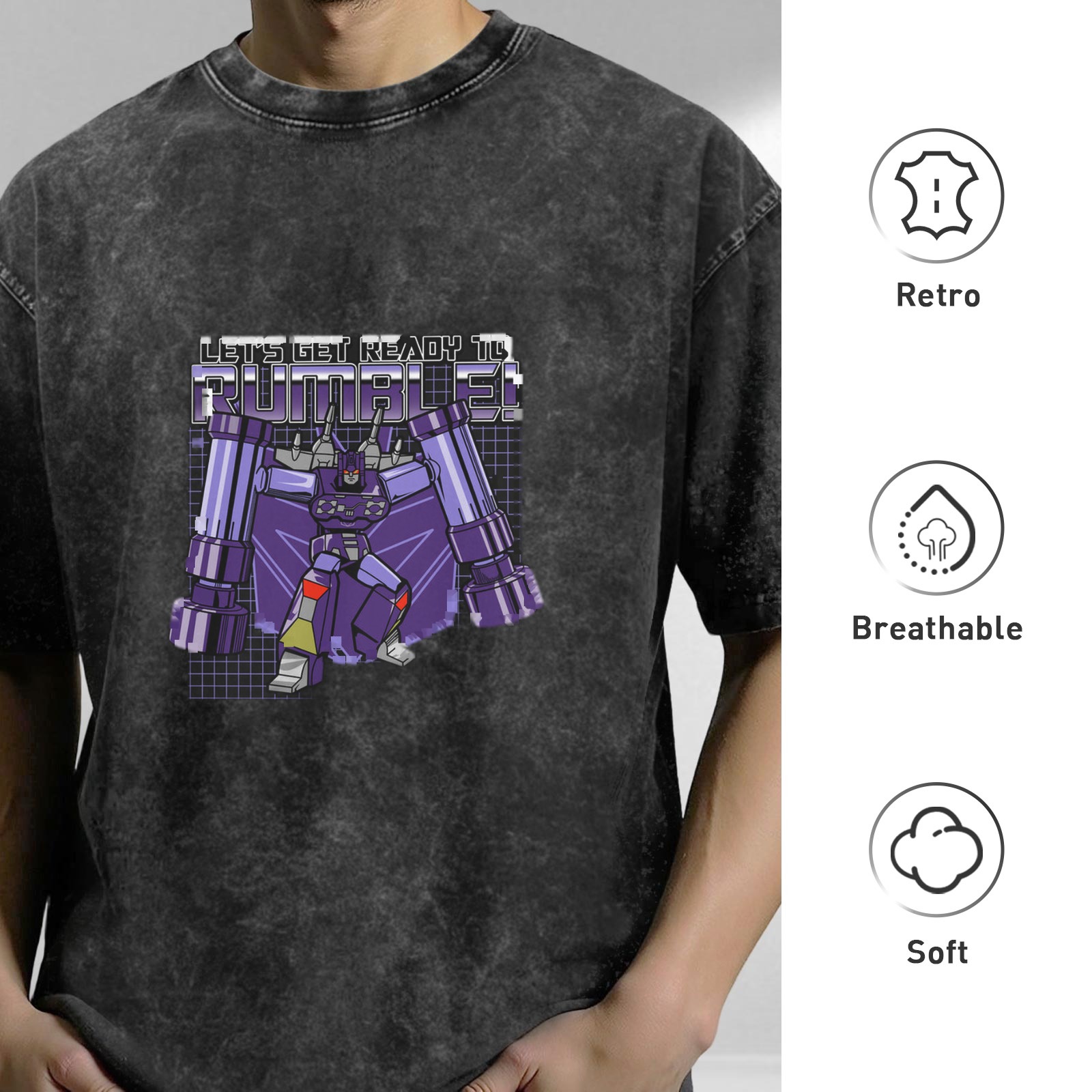 Oversized dark wash graphic t-shirt with Transformers Rumble design