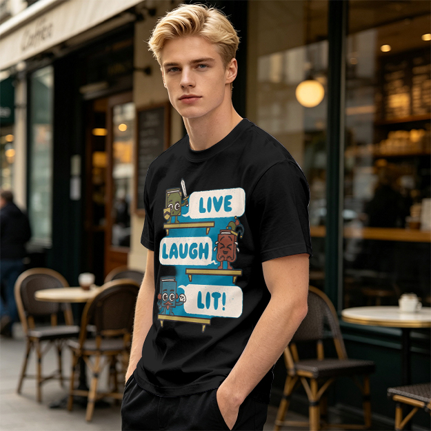 Olive T-Shirt With Cartoon Books 'Live Laugh Lit' Graphic