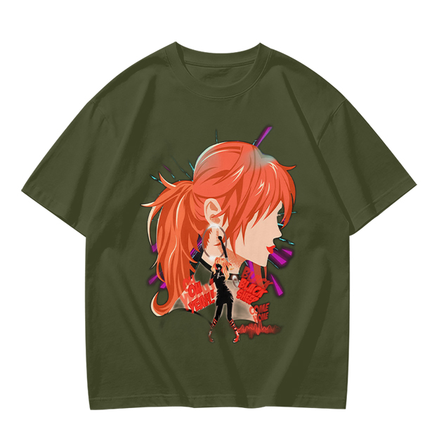 Olive T-Shirt with Anime Red-Haired Girl Profile Art Print