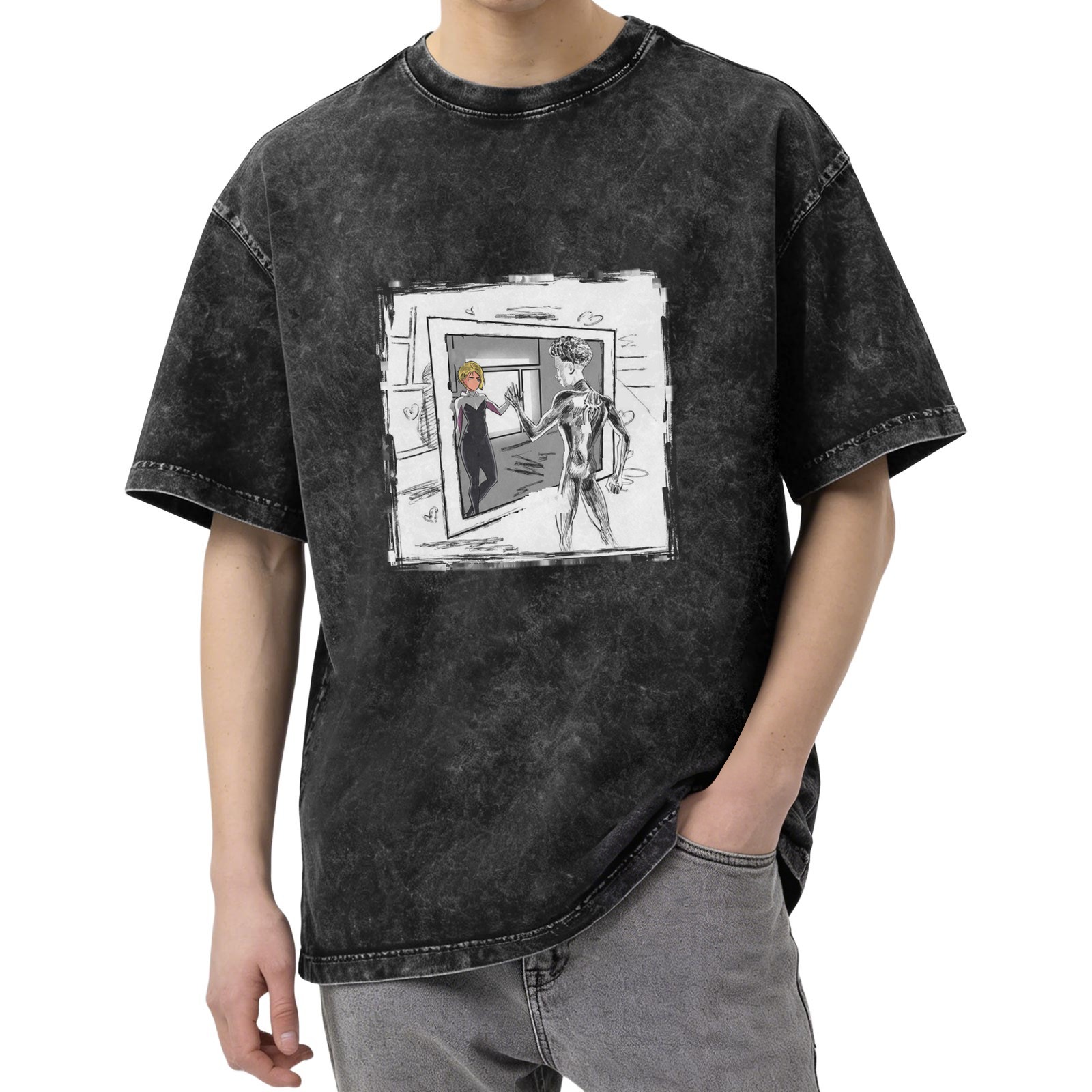 Oversized Stonewashed T-Shirt With Spider Gwen And Miles Art Print